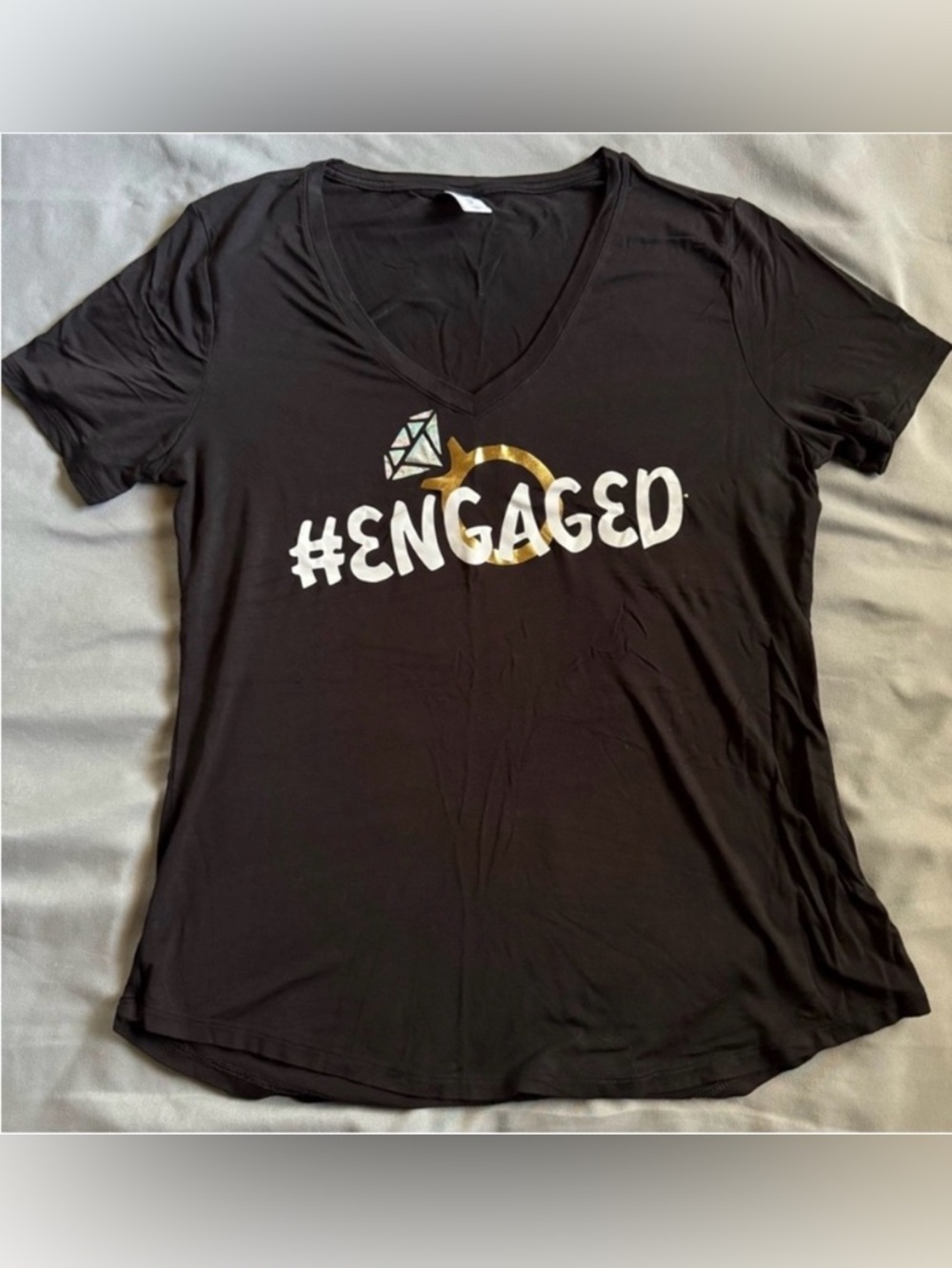 Old Navy Black V-Neck Tee with #ENGAGED and Gold Ring